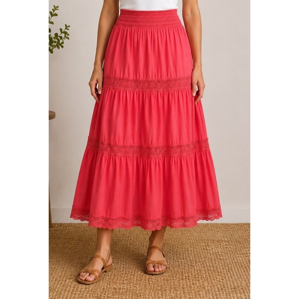 Vintage St Johns Bay Coral Tiered Peasant Maxi Skirt S Womens Boho Cottagecore